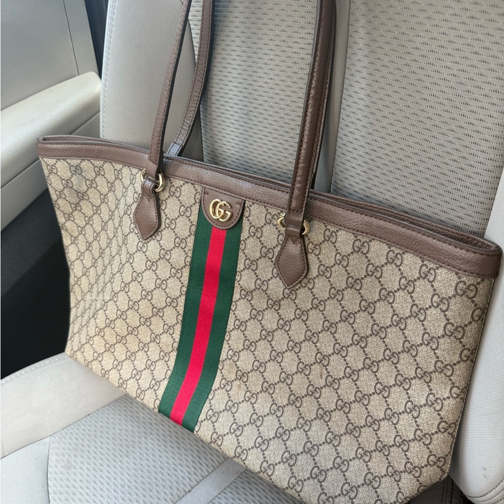 Gucci Beige and Brown Tote with Red and Green Stripe